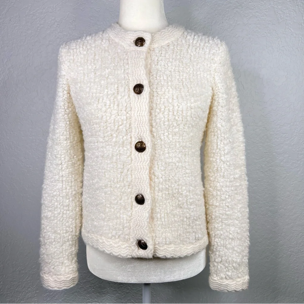 Talbots Boucle Ivory Wool Blend Button Front Cardigan Sweater Jacket